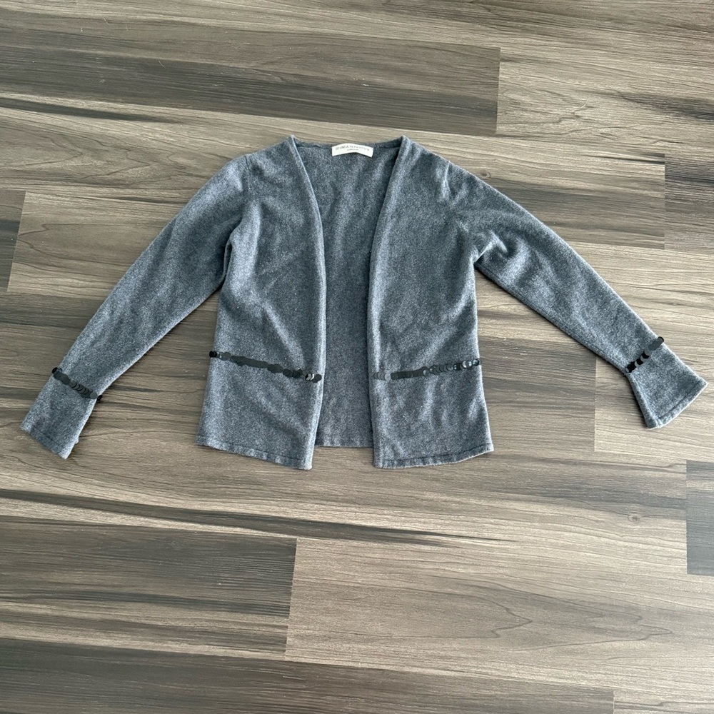 100% cashmere Gray Cardigan Sweater with Open Front and Ribbed Cuffs